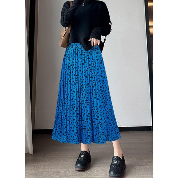 Women's Leopard Printed Midi Long Shirring High Waisted A Line Skirts - Blue - Picture 5 of 7